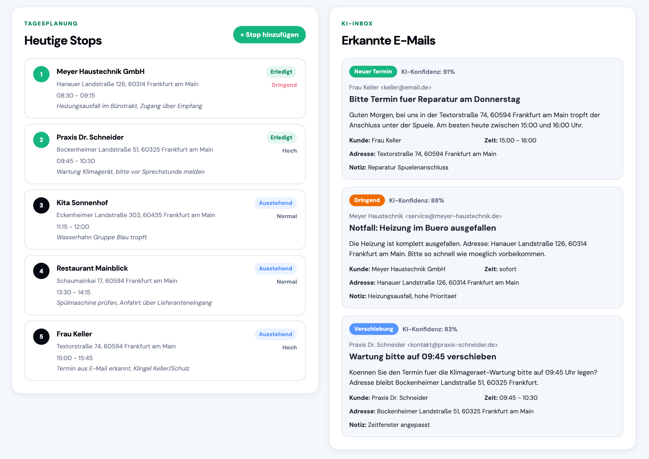 AutomateX Dashboard – Tagesstopps und KI-Inbox